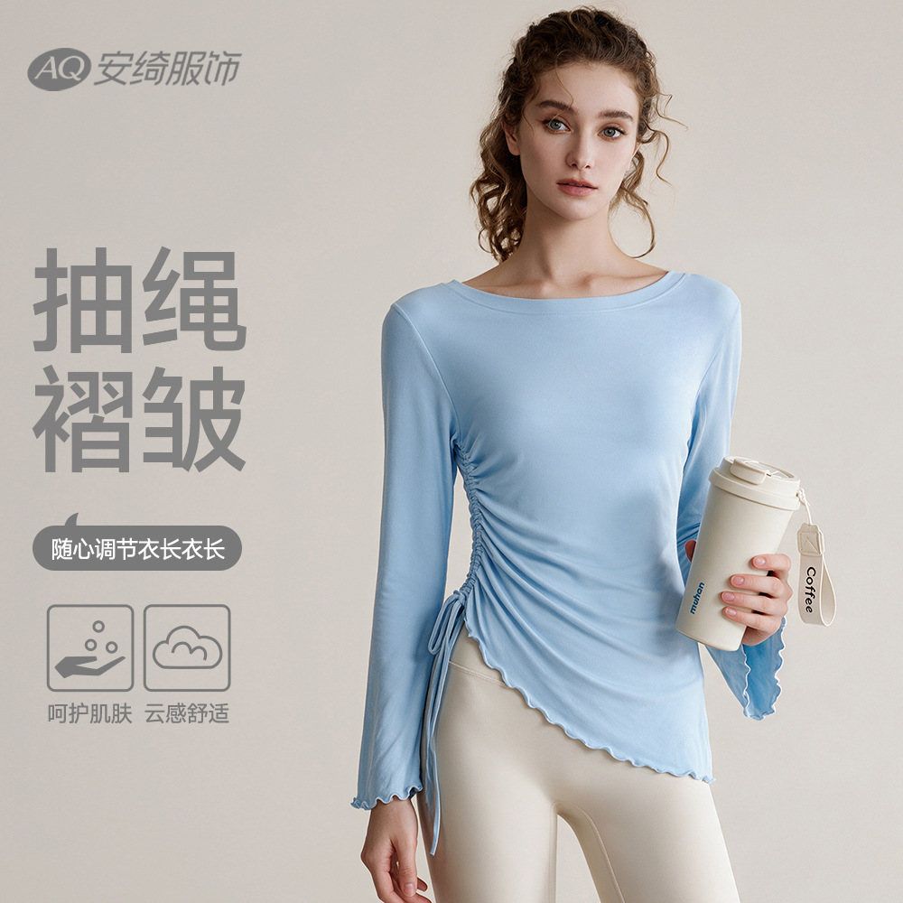 Yoga Fitness Training - 女性用フィットネススーツ、ドローストリング付きプリーツデザイン、ピラティス用、長袖、速乾性、秋/冬用、ヨガトップス。