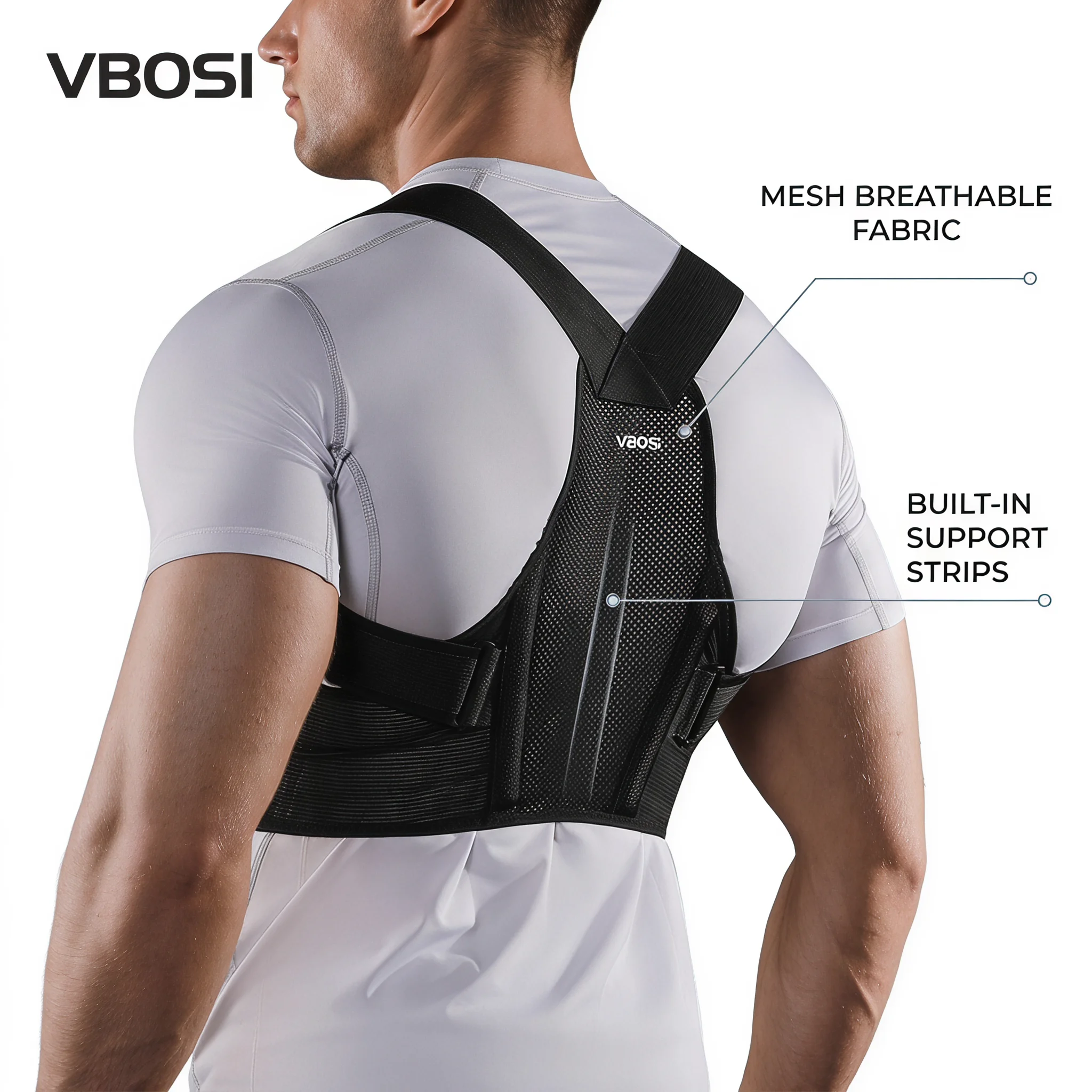 Posture Corrector Back - VBOSI調整可能な姿勢矯正器、通気性メッシュバックショルダーサポートベルト、男女兼用、見えない猫背矯正ストラップ